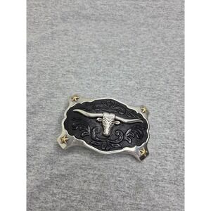 Black Tooled Leather Longhorn Steer Western Belt Buckle